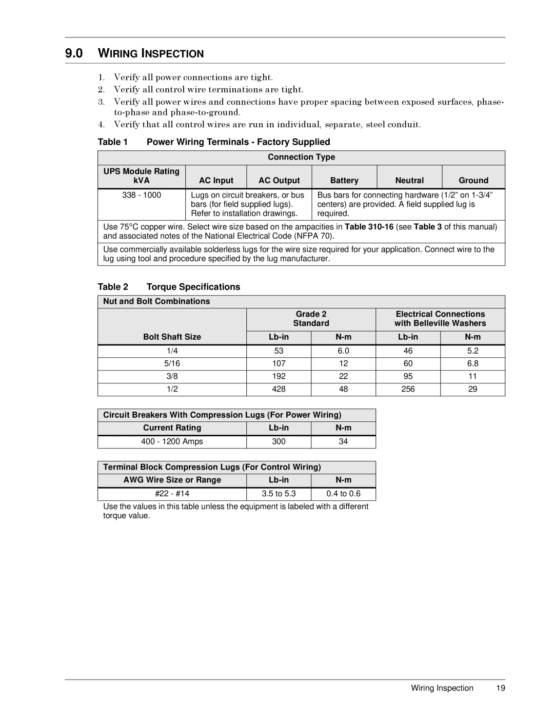 Liebert Series 600 manual Wiring Inspection 