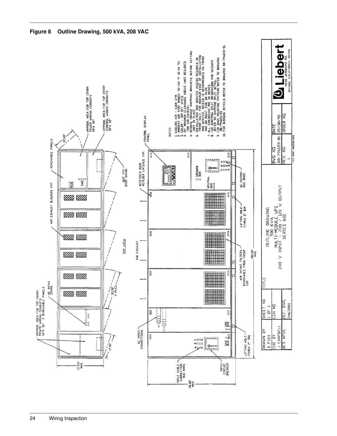 Liebert Series 600 manual Outline Drawing, 500 kVA, 208 VAC 