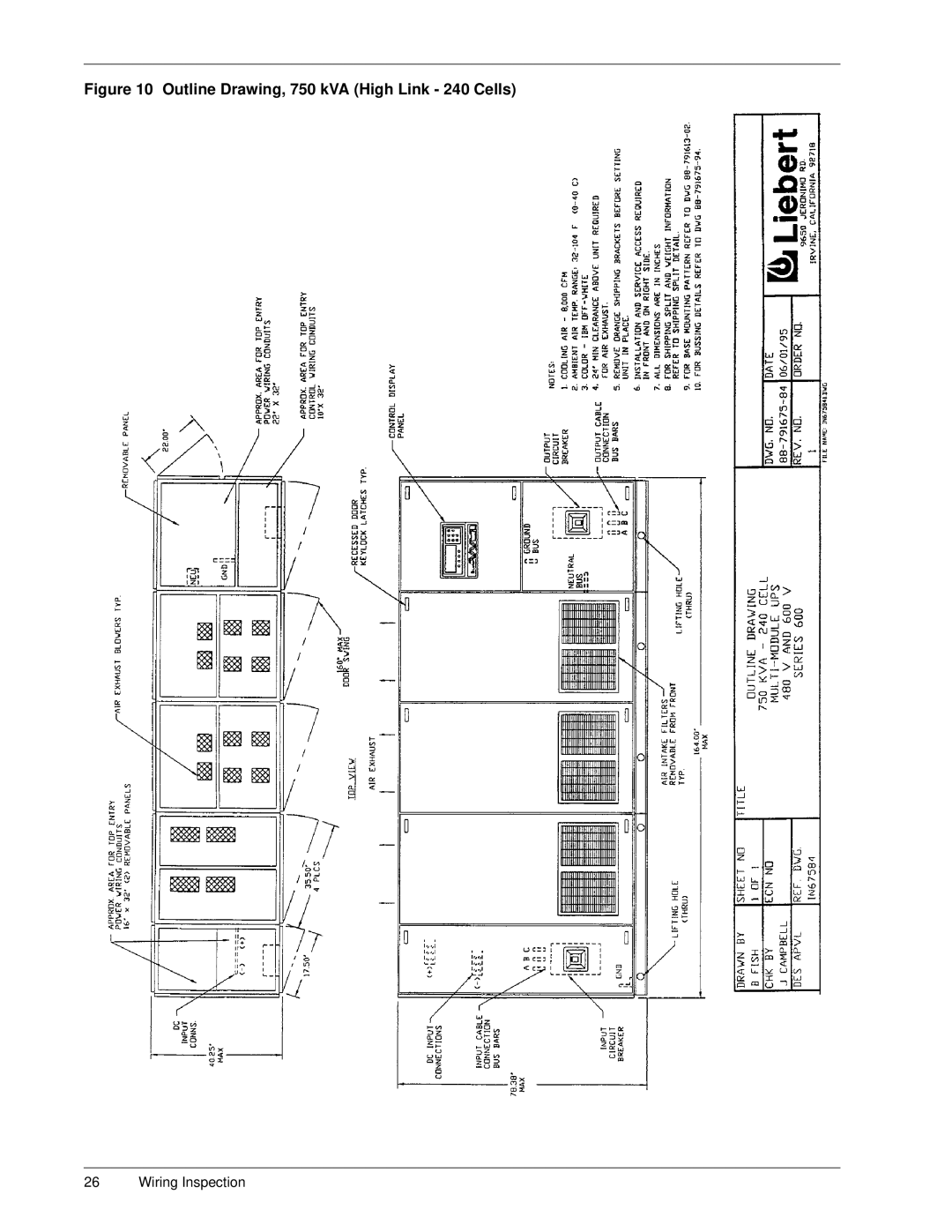 Liebert Series 600 manual Outline Drawing, 750 kVA High Link 240 Cells 