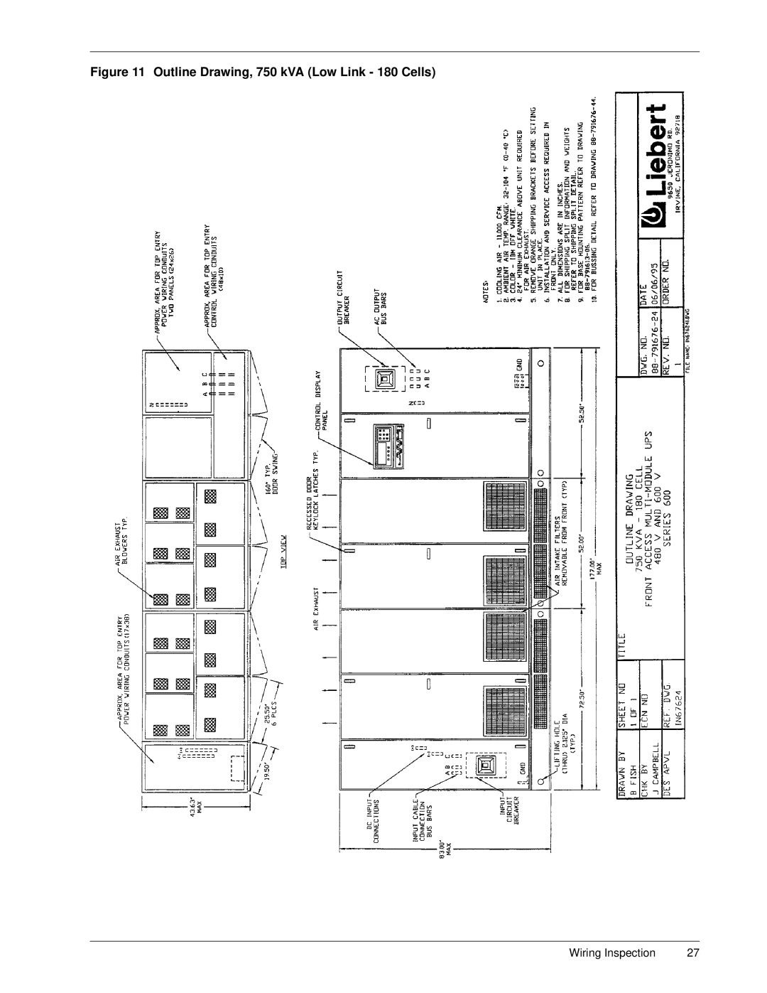 Liebert Series 600 manual Outline Drawing, 750 kVA Low Link 180 Cells 