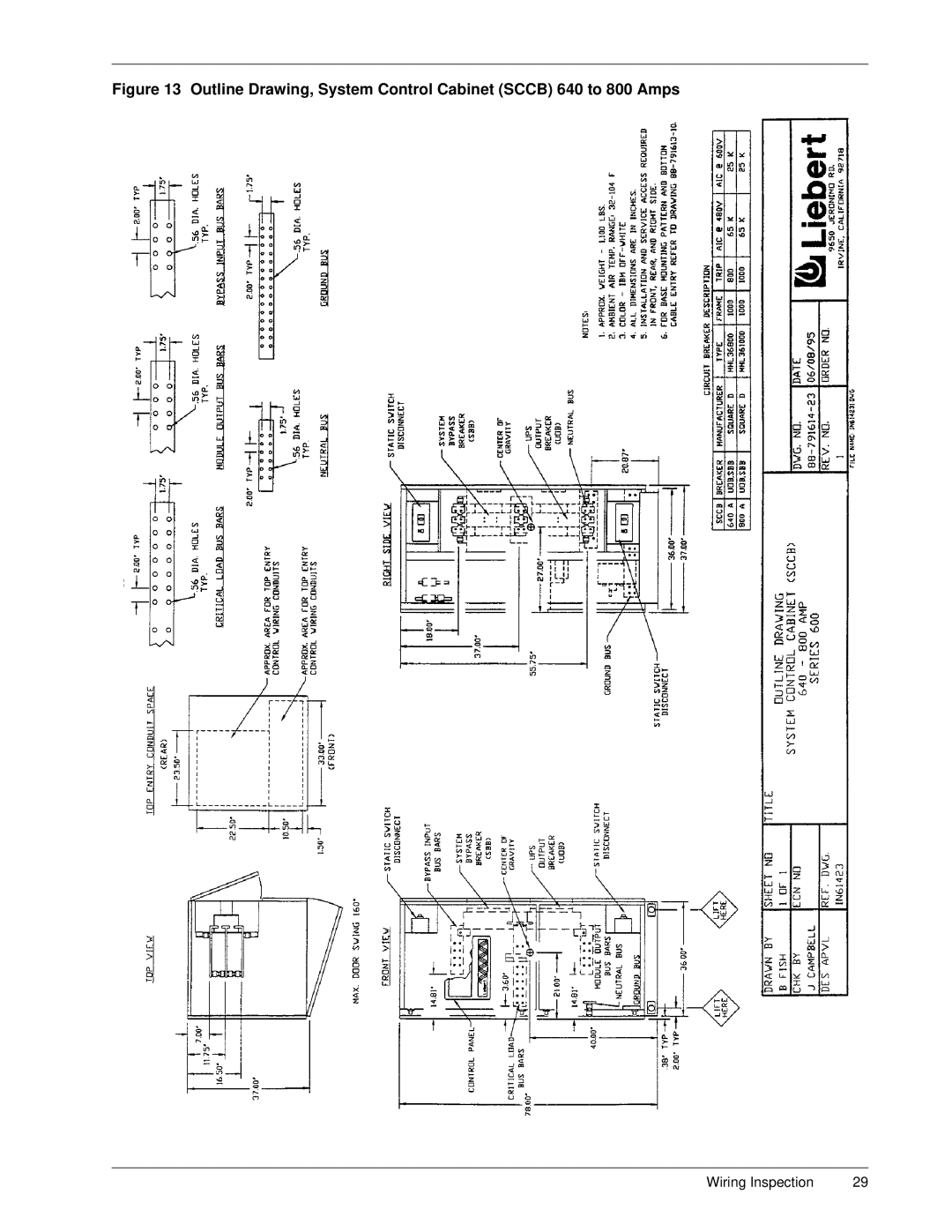 Liebert Series 600 manual Outline Drawing, System Control Cabinet Sccb 640 to 800 Amps 