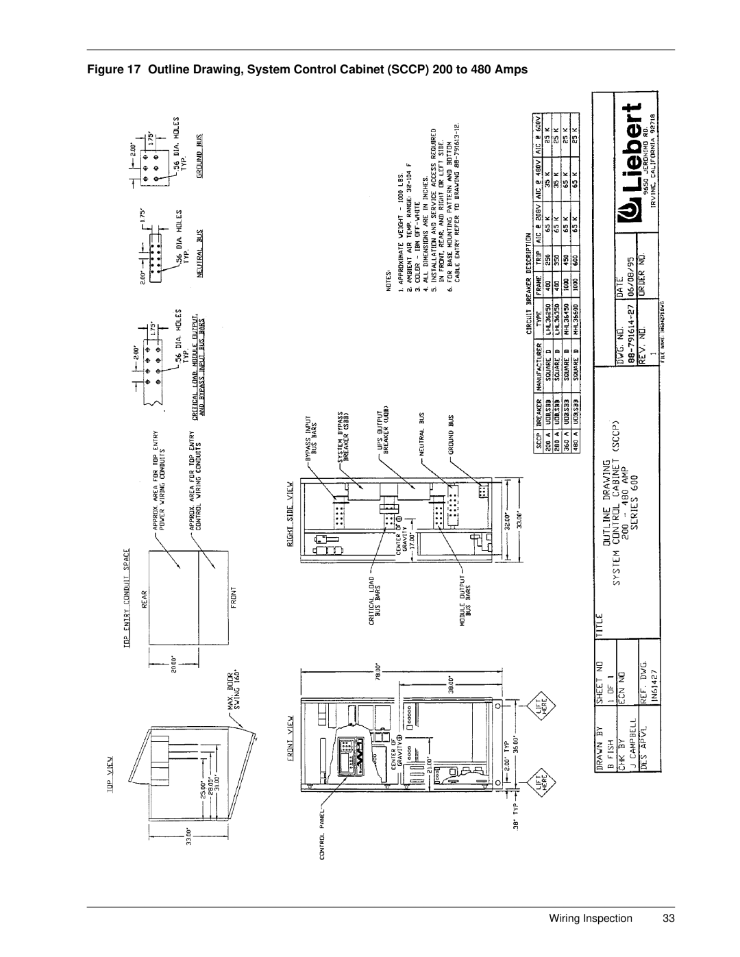 Liebert Series 600 manual Outline Drawing, System Control Cabinet Sccp 200 to 480 Amps 