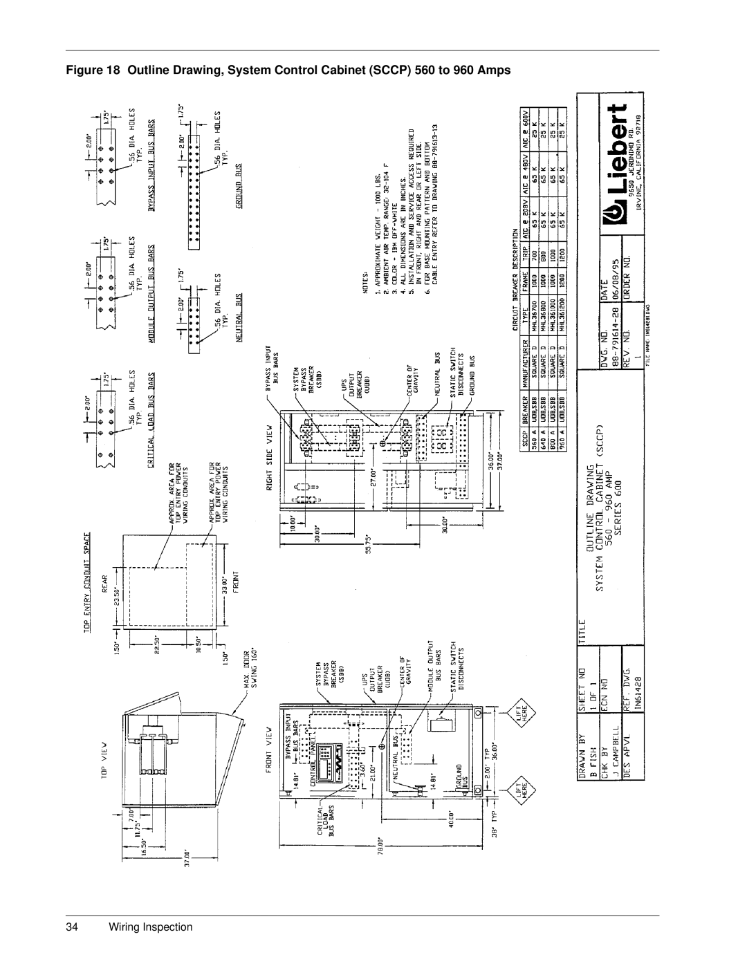 Liebert Series 600 manual Outline Drawing, System Control Cabinet Sccp 560 to 960 Amps 