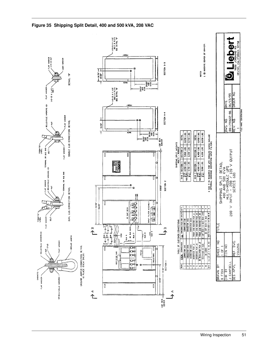 Liebert Series 600 manual Shipping Split Detail, 400 and 500 kVA, 208 VAC 