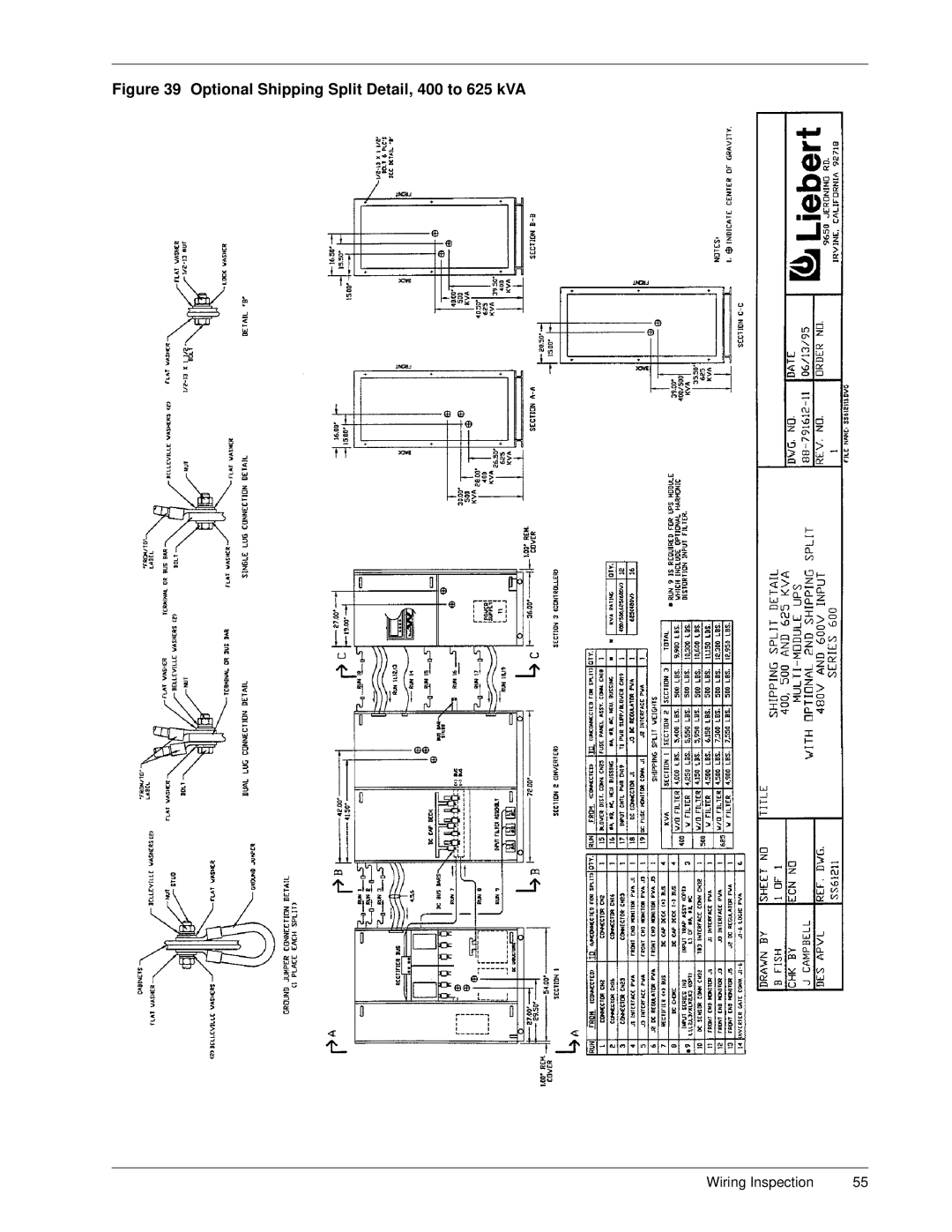 Liebert Series 600 manual Optional Shipping Split Detail, 400 to 625 kVA 