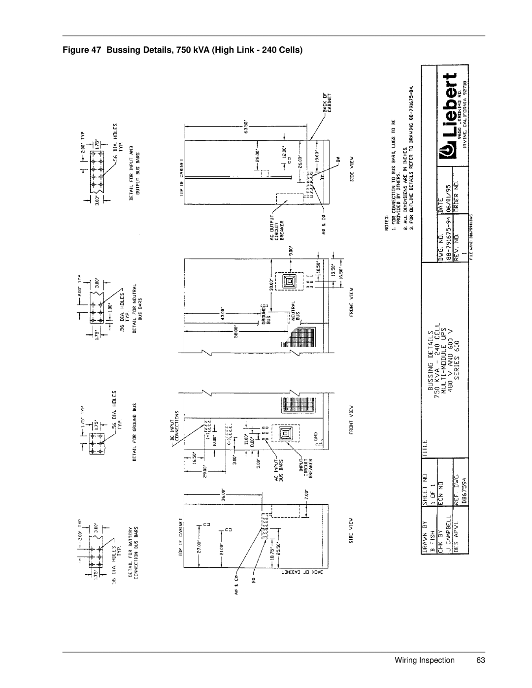 Liebert Series 600 manual Bussing Details, 750 kVA High Link 240 Cells 