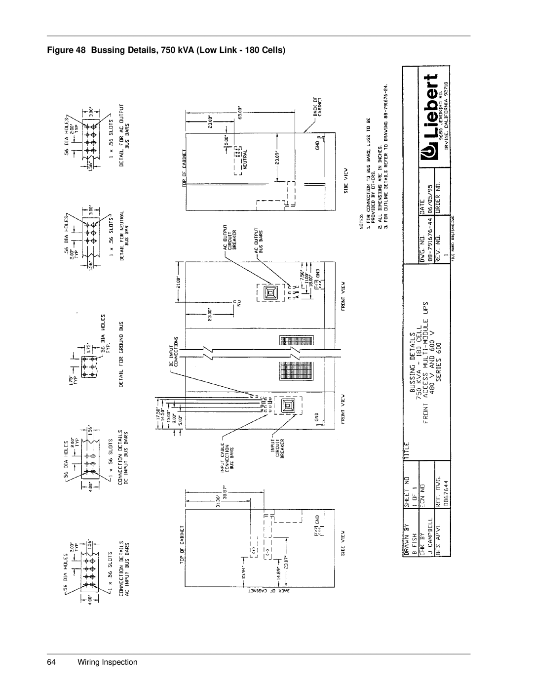 Liebert Series 600 manual Bussing Details, 750 kVA Low Link 180 Cells 