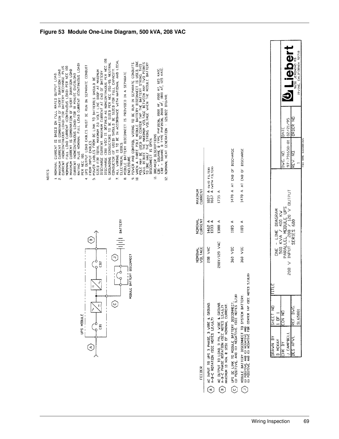 Liebert Series 600 manual Module One-Line Diagram, 500 kVA, 208 VAC 