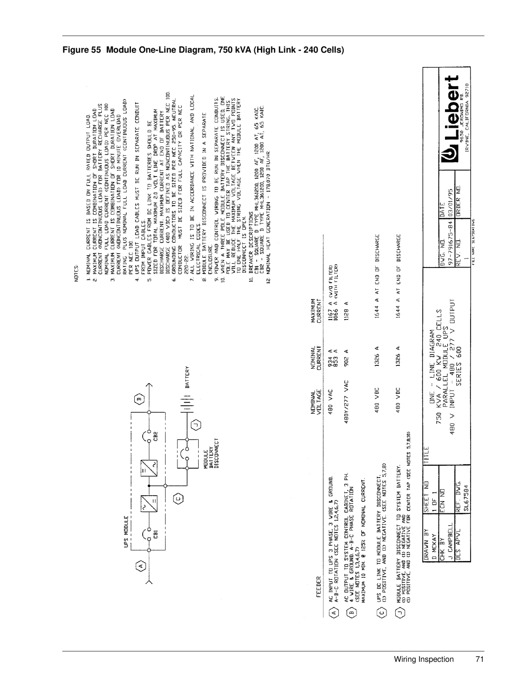 Liebert Series 600 manual Module One-Line Diagram, 750 kVA High Link 240 Cells 