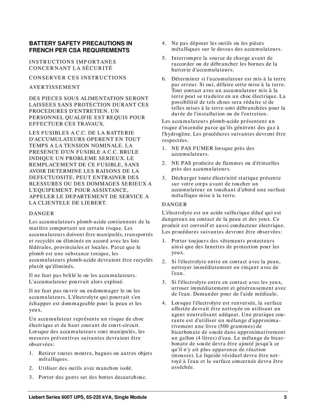 Liebert Series 600T installation manual Battery Safety Precautions in French PER CSA Requirements 