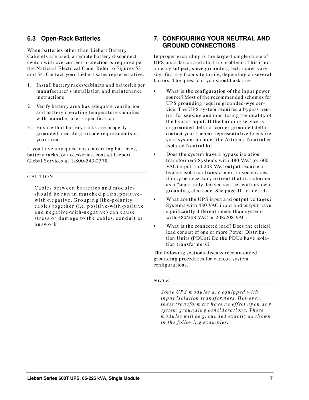 Liebert Series 600T installation manual Open-Rack Batteries, Configuring Your Neutral and Ground Connections 