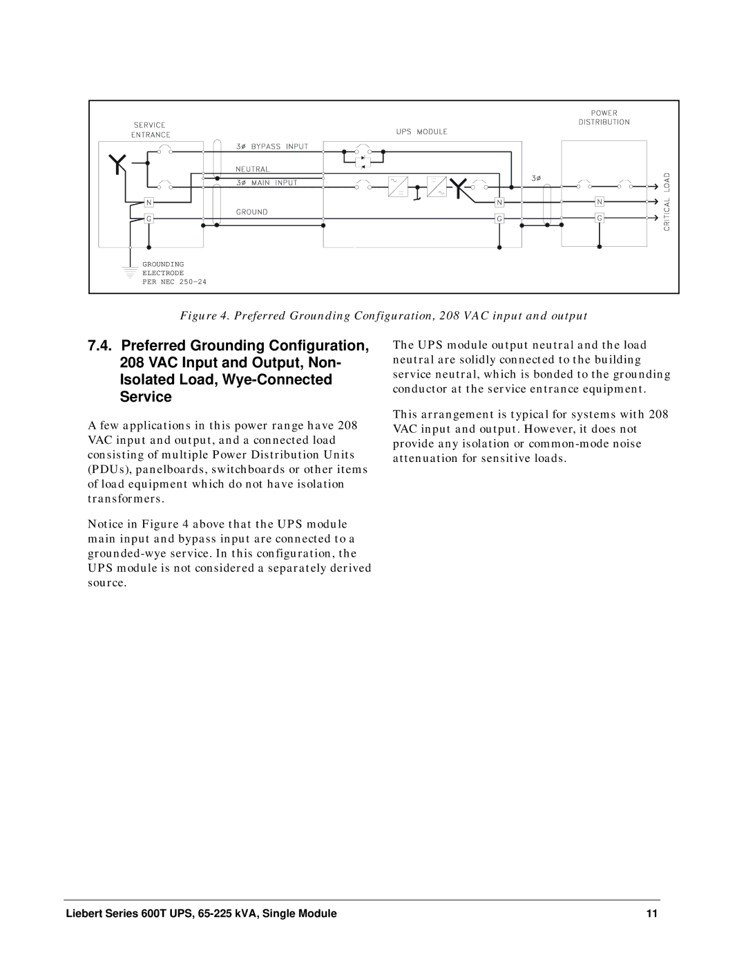 Liebert Series 600T installation manual Preferred Grounding Configuration, 208 VAC input and output 