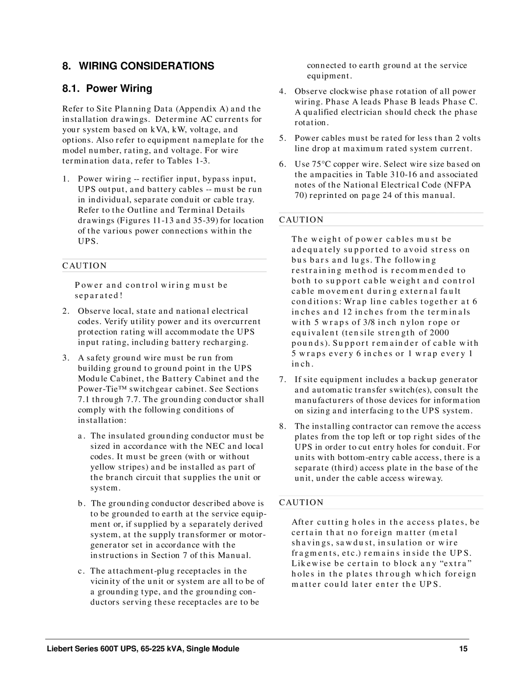 Liebert Series 600T installation manual Wiring Considerations, Power Wiring 