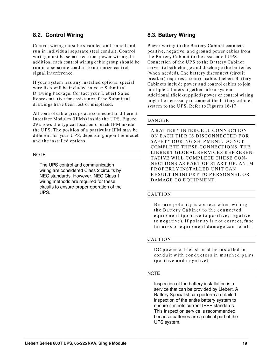 Liebert Series 600T installation manual Control Wiring, Battery Wiring 