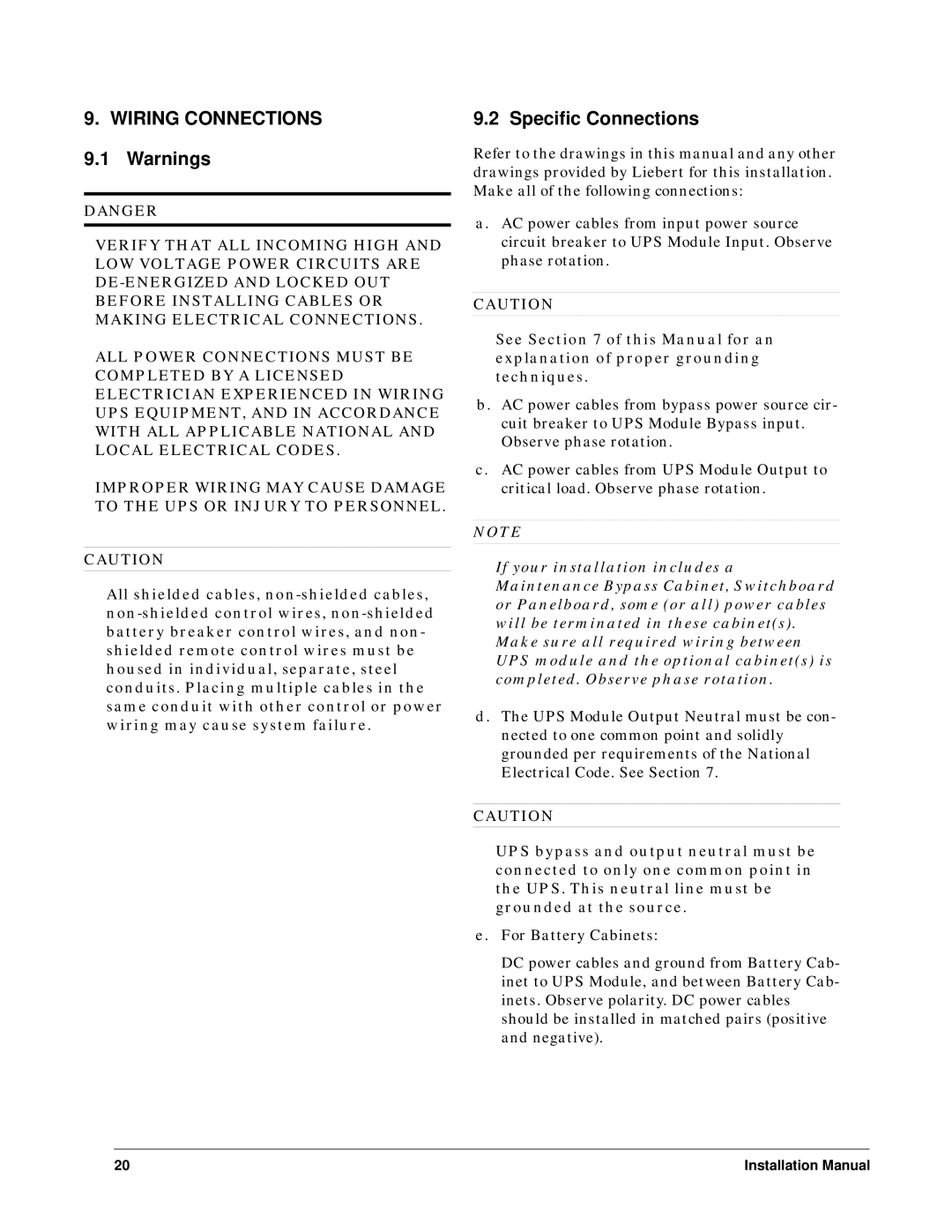 Liebert Series 600T installation manual Wiring Connections, Specific Connections 