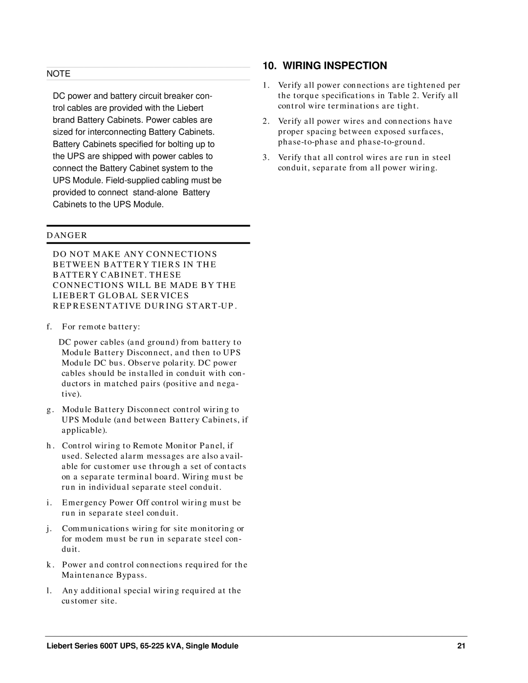 Liebert Series 600T installation manual Wiring Inspection 