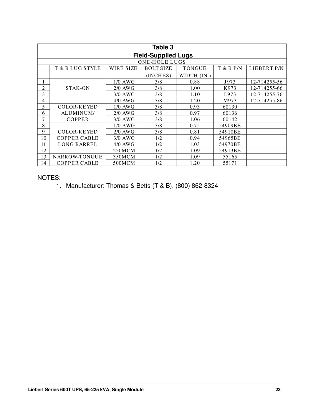 Liebert Series 600T installation manual Field-Supplied Lugs, ONE-HOLE Lugs 