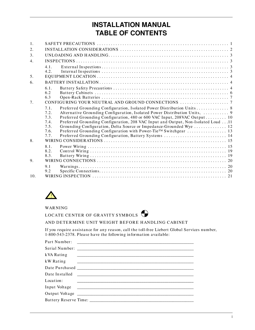 Liebert Series 600T installation manual Installation Manual Table of Contents 