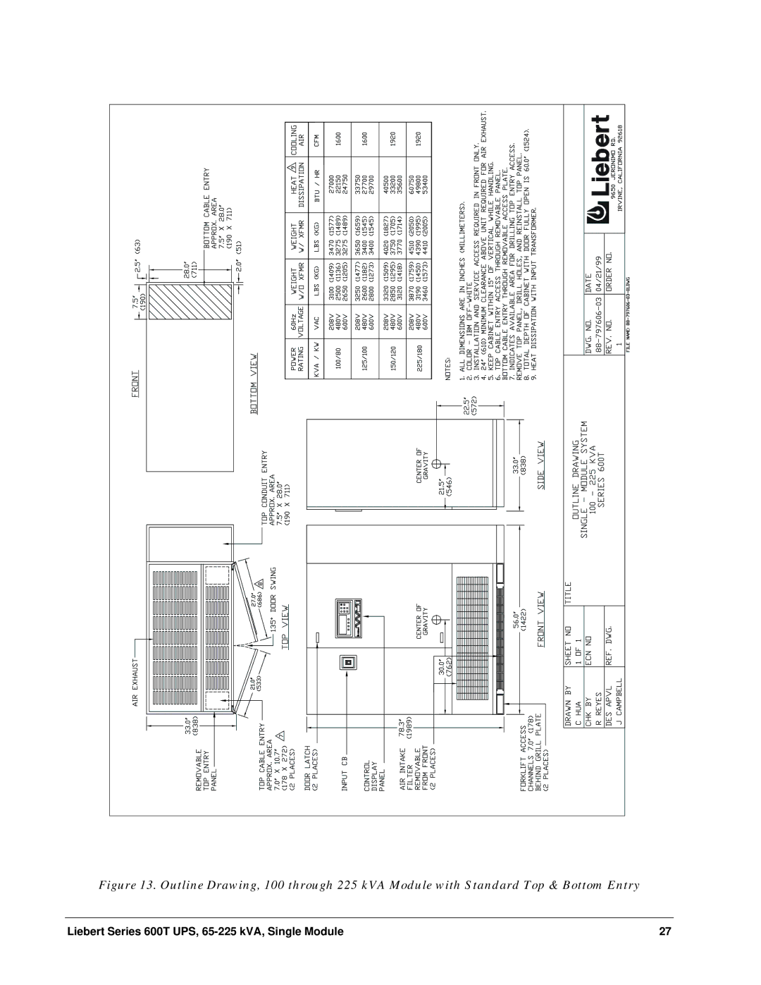 Liebert installation manual Liebert Series 600T UPS, 65-225 kVA, Single Module 