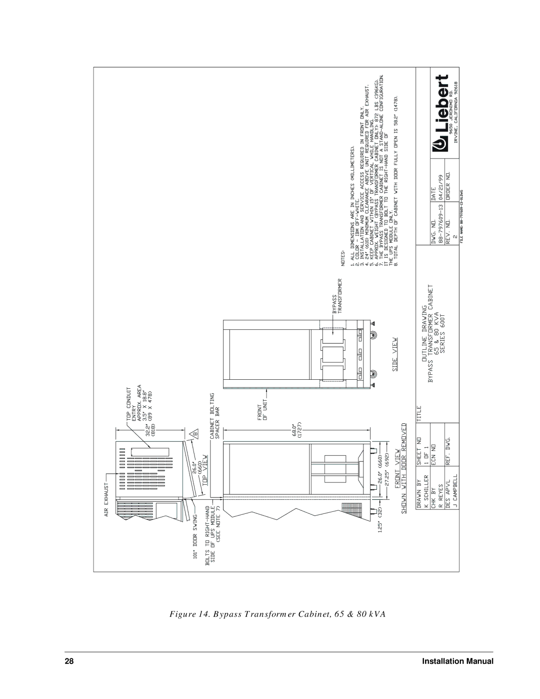 Liebert Series 600T installation manual Bypass Transformer Cabinet, 65 & 80 kVA 