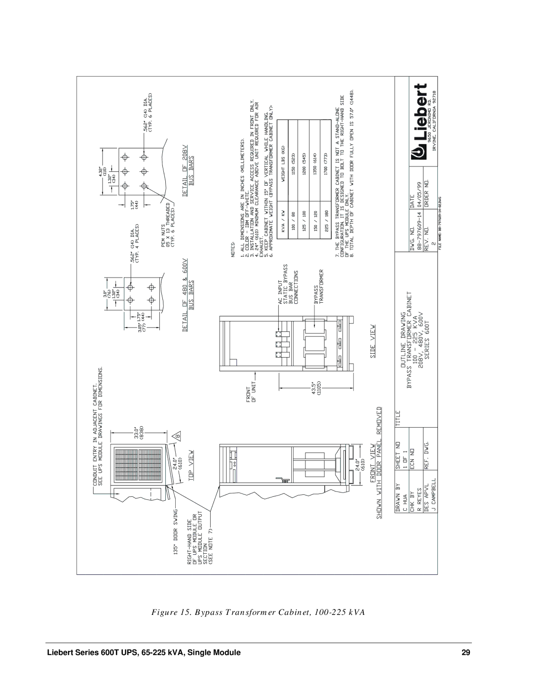 Liebert Series 600T installation manual Bypass Transformer Cabinet, 100-225 kVA 