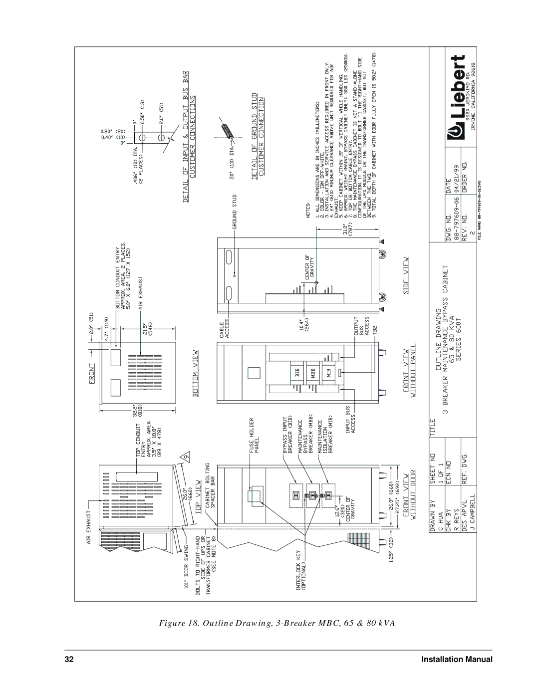 Liebert Series 600T installation manual Outline Drawing, 3-Breaker MBC, 65 & 80 kVA 