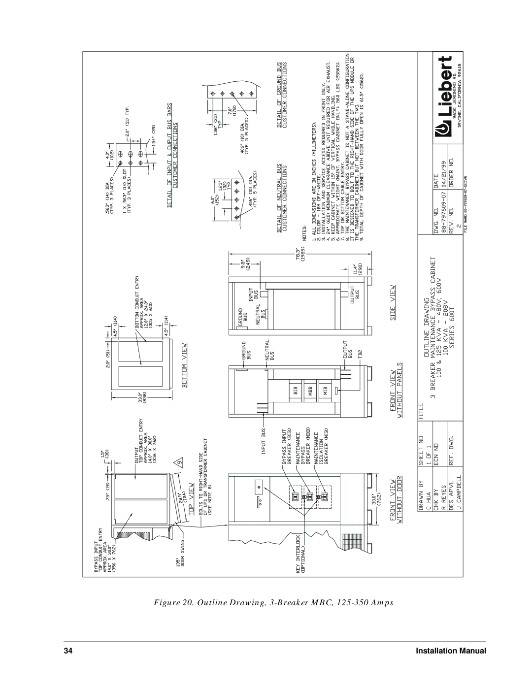 Liebert Series 600T installation manual Outline Drawing, 3-Breaker MBC, 125-350 Amps 