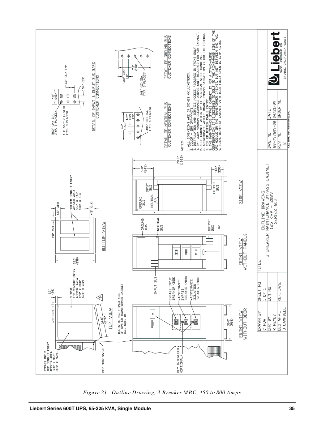 Liebert Series 600T installation manual Outline Drawing, 3-Breaker MBC, 450 to 800 Amps 