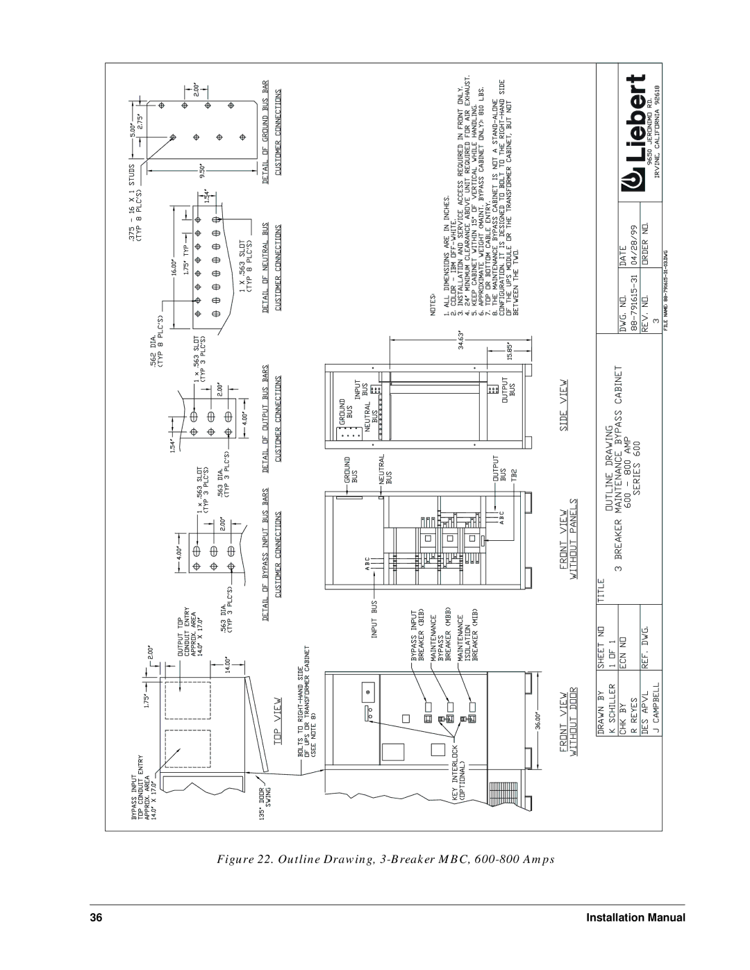 Liebert Series 600T installation manual Outline Drawing, 3-Breaker MBC, 600-800 Amps 