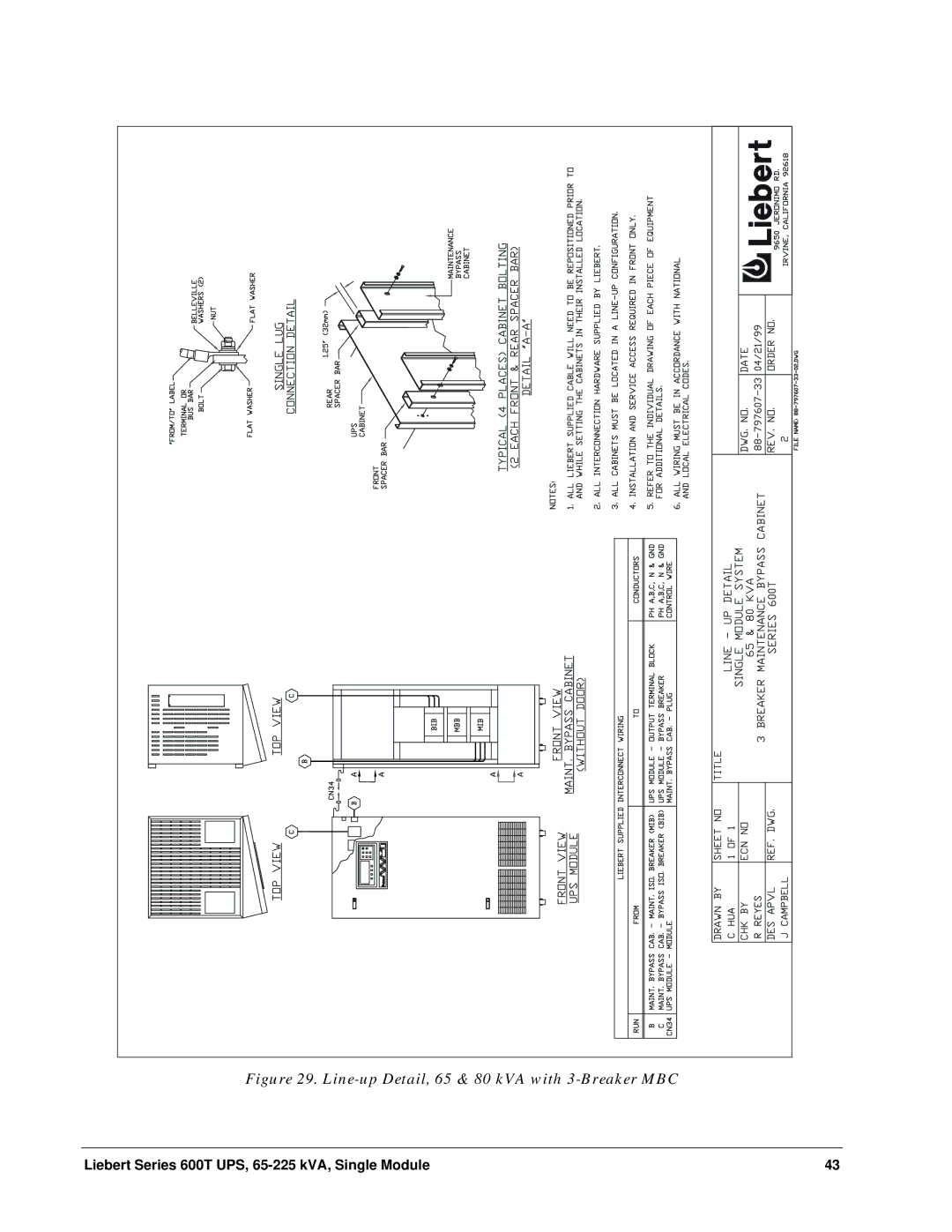 Liebert Series 600T installation manual Line-up Detail, 65 & 80 kVA with 3-Breaker MBC 