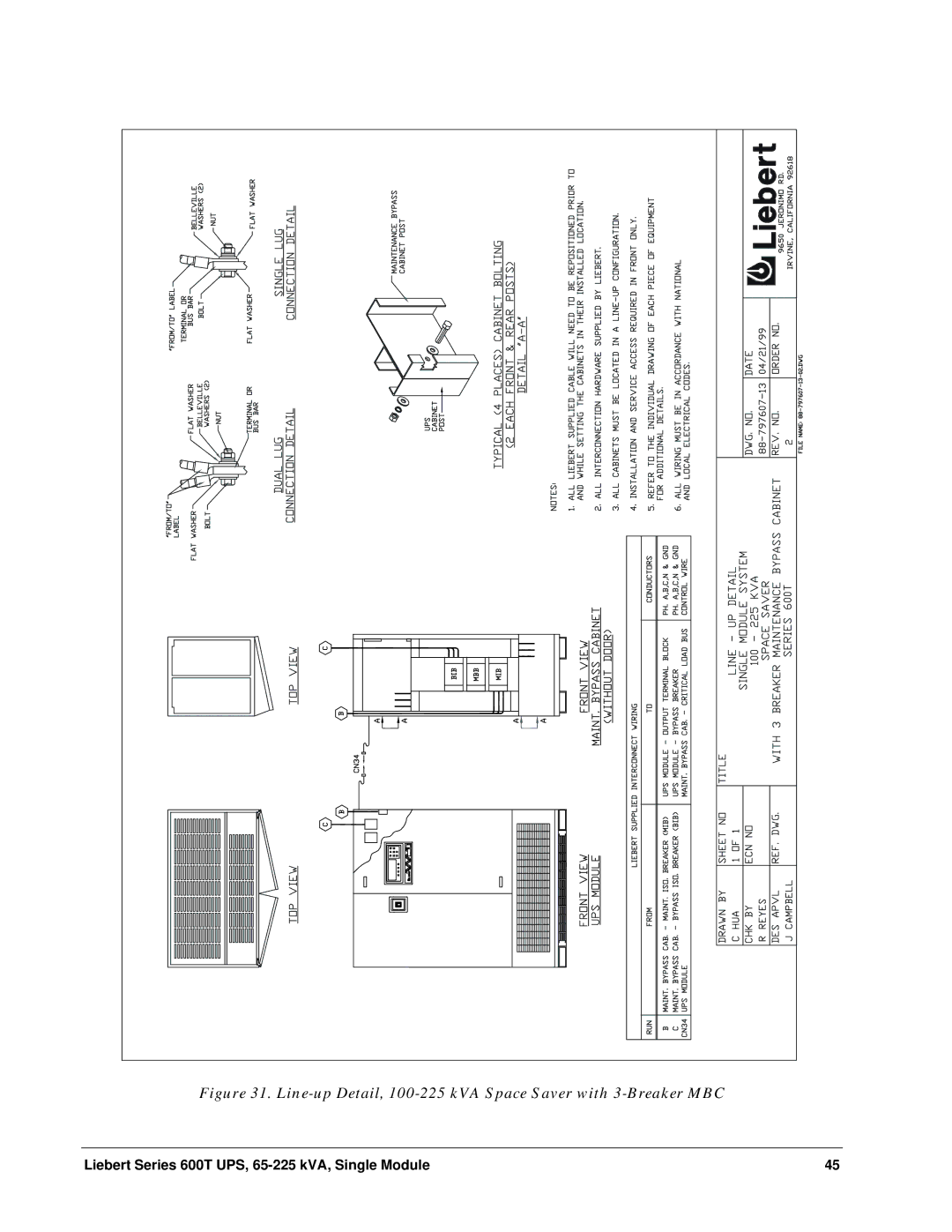 Liebert Series 600T installation manual Line-up Detail, 100-225 kVA Space Saver with 3-Breaker MBC 