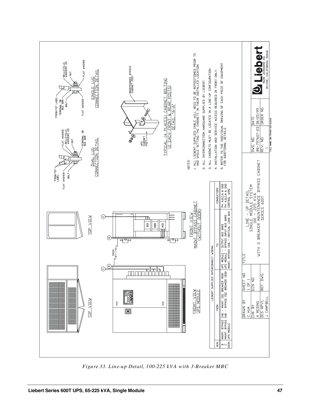 Liebert Series 600T installation manual Line-up Detail, 100-225 kVA with 3-Breaker MBC 