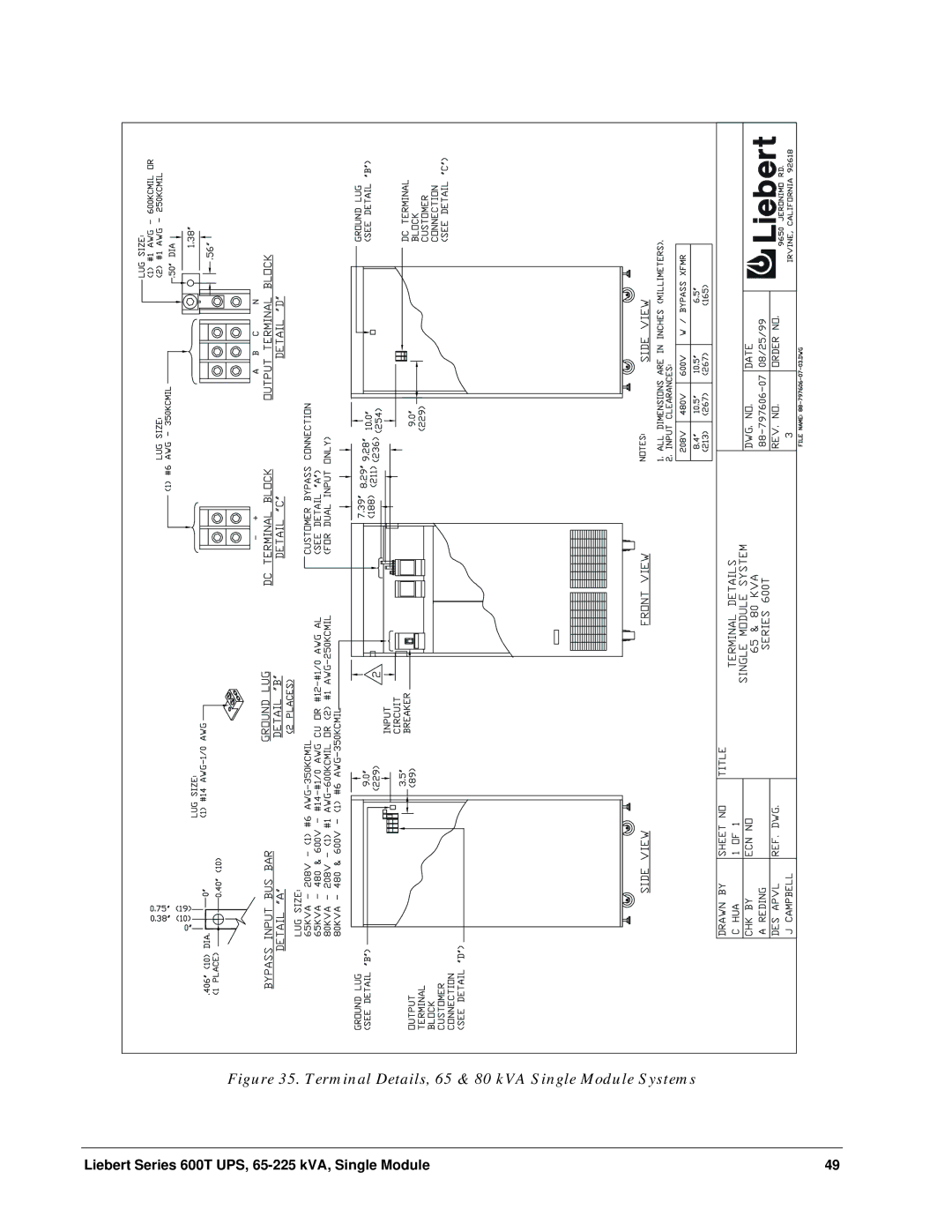 Liebert Series 600T installation manual Terminal Details, 65 & 80 kVA Single Module Systems 