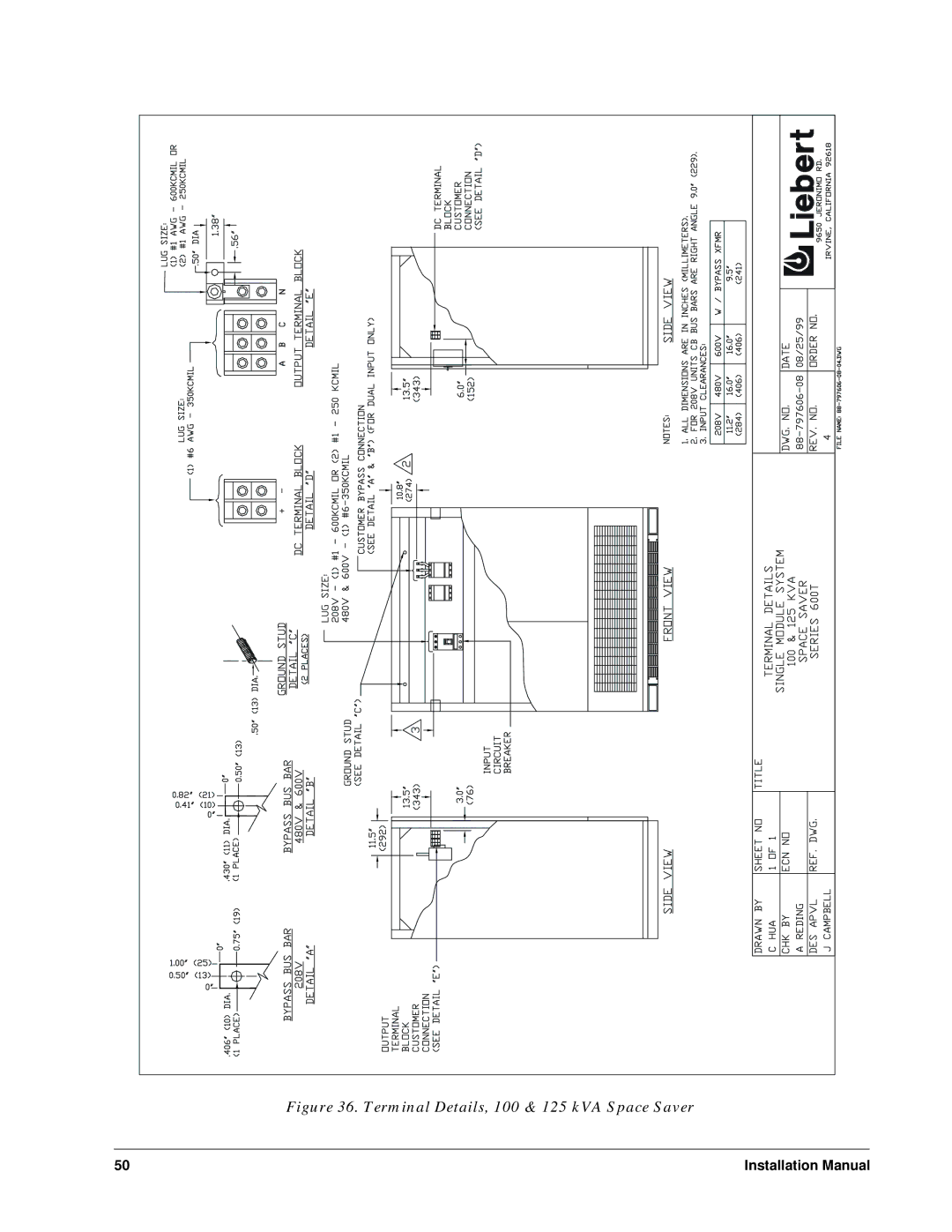 Liebert Series 600T installation manual Terminal Details, 100 & 125 kVA Space Saver 