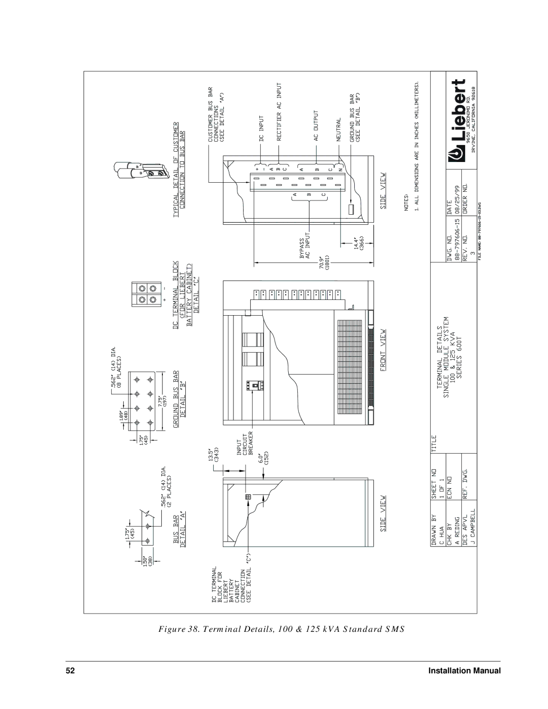 Liebert Series 600T installation manual Terminal Details, 100 & 125 kVA Standard SMS 