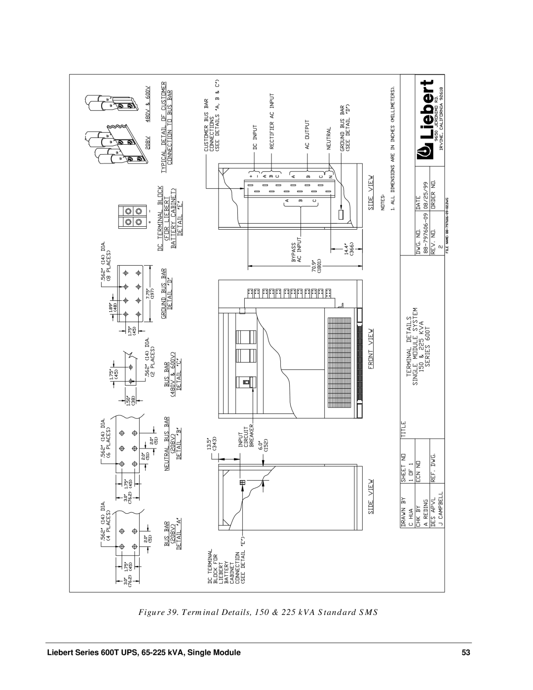 Liebert Series 600T installation manual Terminal Details, 150 & 225 kVA Standard SMS 