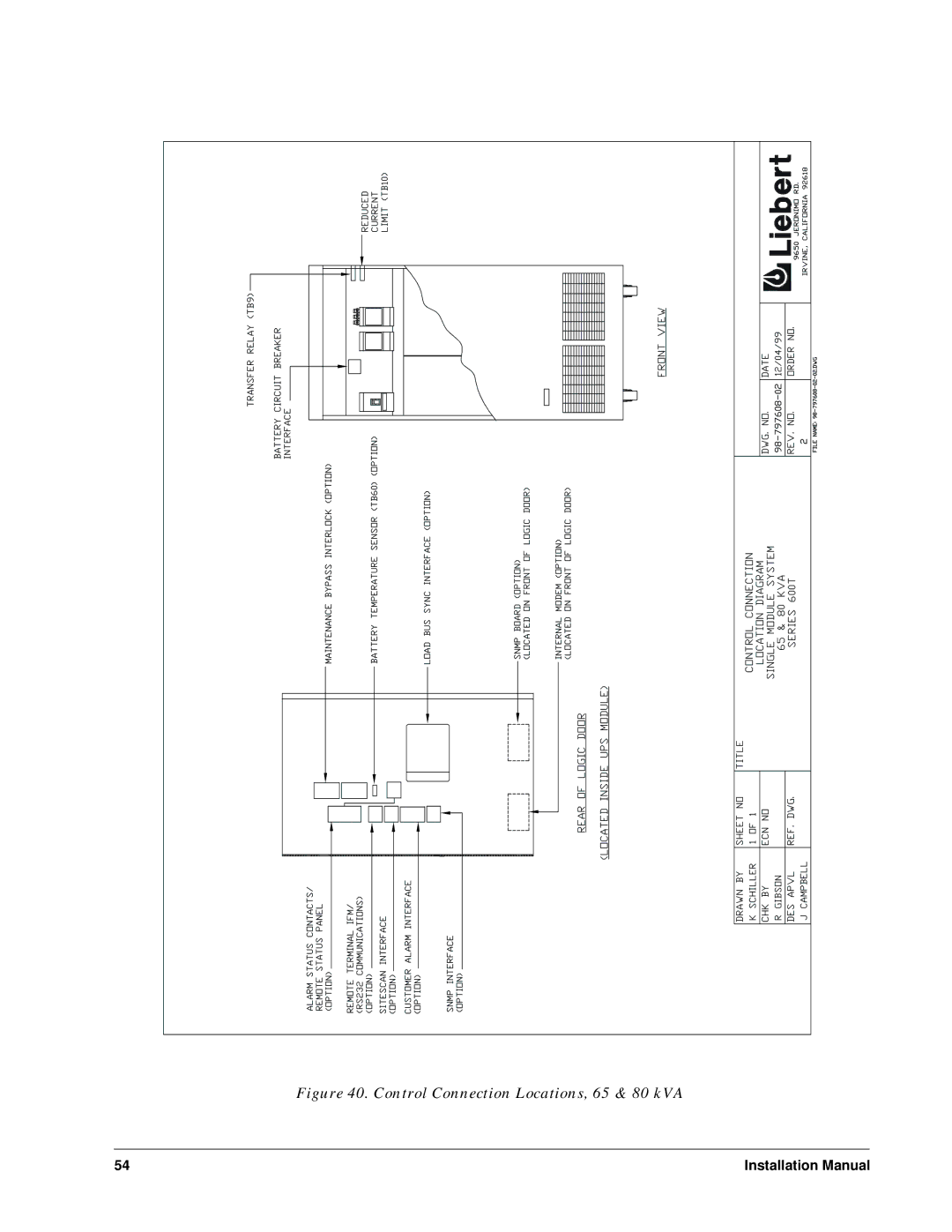 Liebert Series 600T installation manual Control Connection Locations, 65 & 80 kVA 