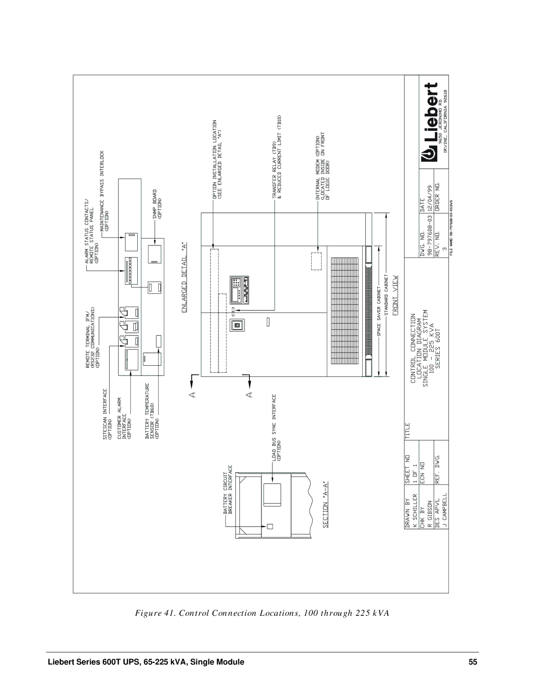 Liebert Series 600T installation manual Control Connection Locations, 100 through 225 kVA 