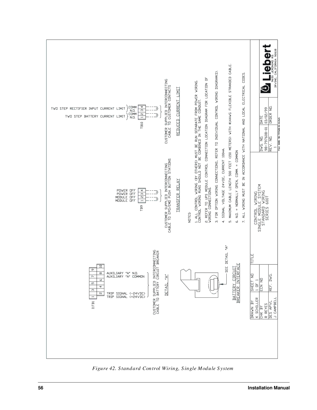 Liebert Series 600T installation manual Standard Control Wiring, Single Module System 