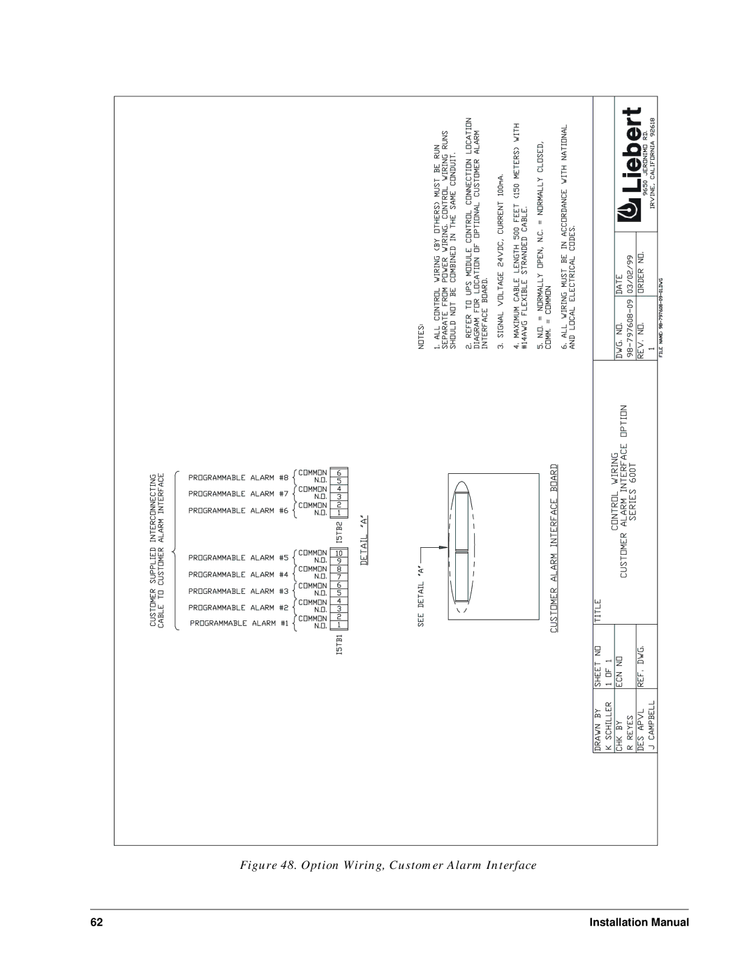 Liebert Series 600T installation manual Option Wiring, Customer Alarm Interface 