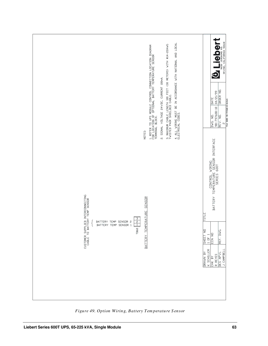 Liebert Series 600T installation manual Option Wiring, Battery Temperature Sensor 