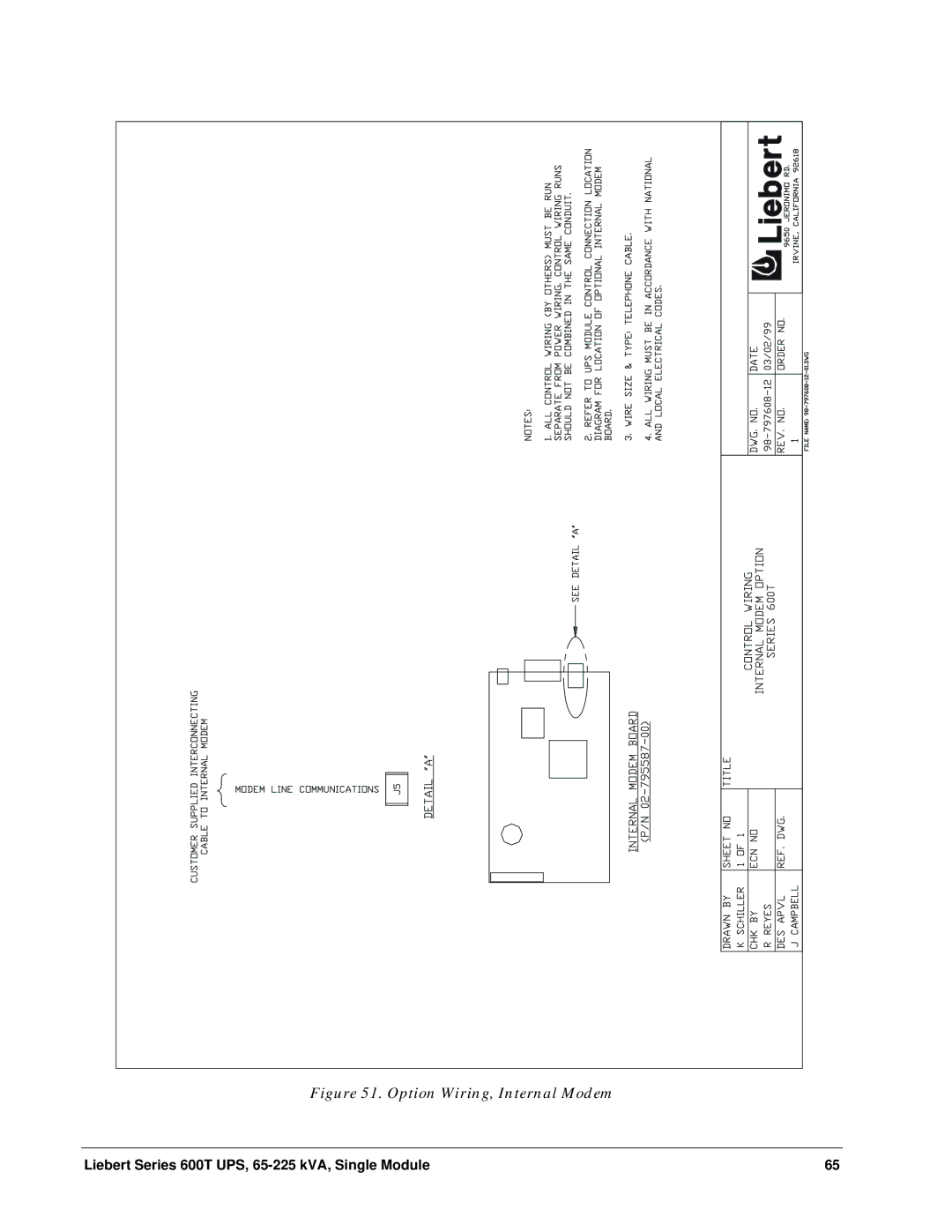 Liebert Series 600T installation manual Option Wiring, Internal Modem 