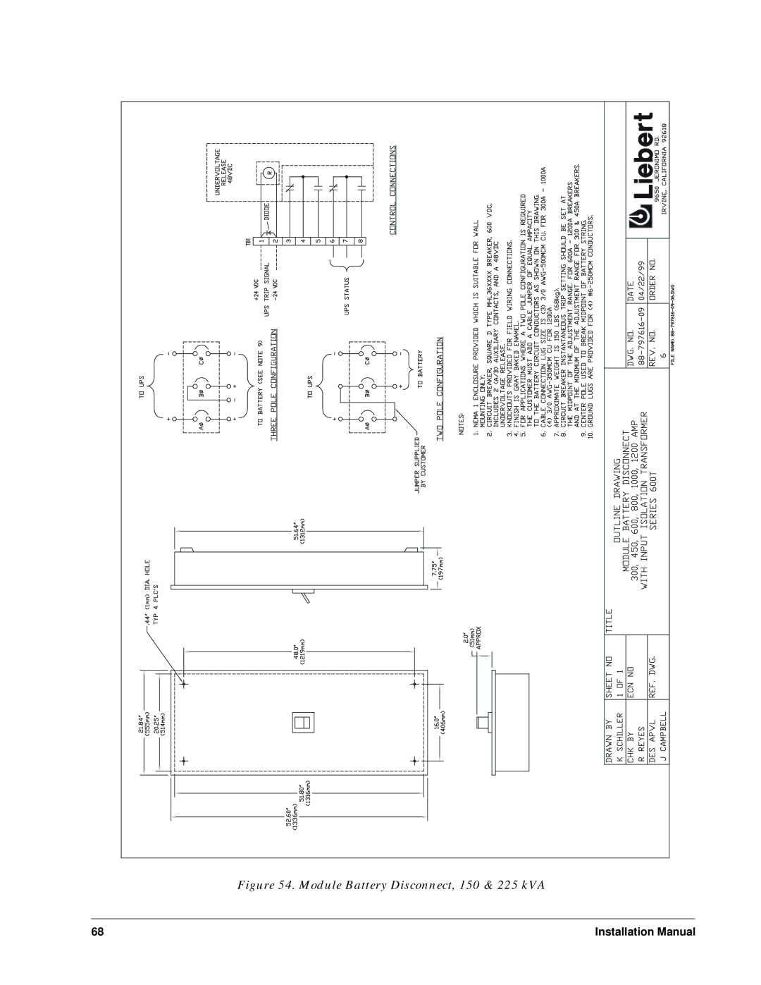 Liebert Series 600T installation manual Module Battery Disconnect, 150 & 225 kVA 