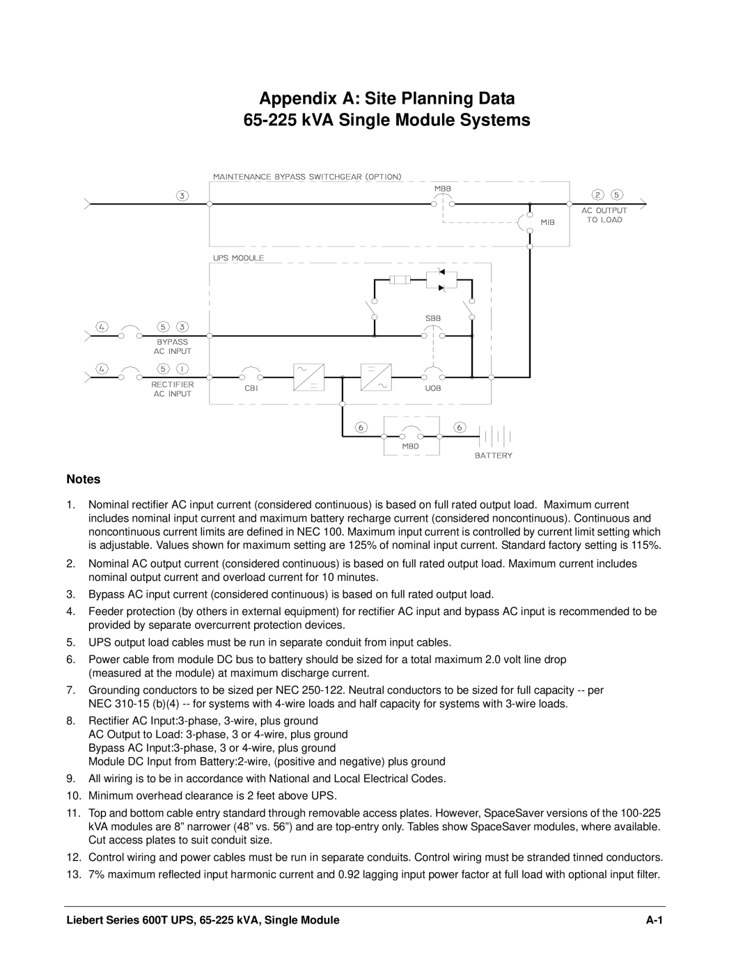 Liebert Series 600T installation manual Appendix a Site Planning Data KVA Single Module Systems 