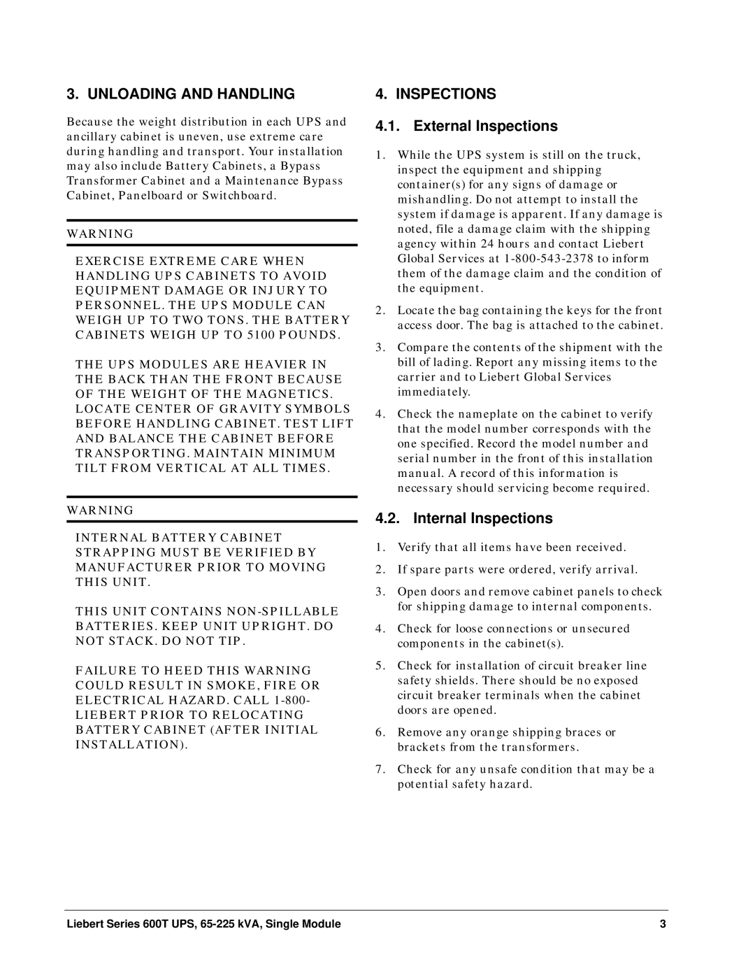 Liebert Series 600T installation manual External Inspections, Internal Inspections 