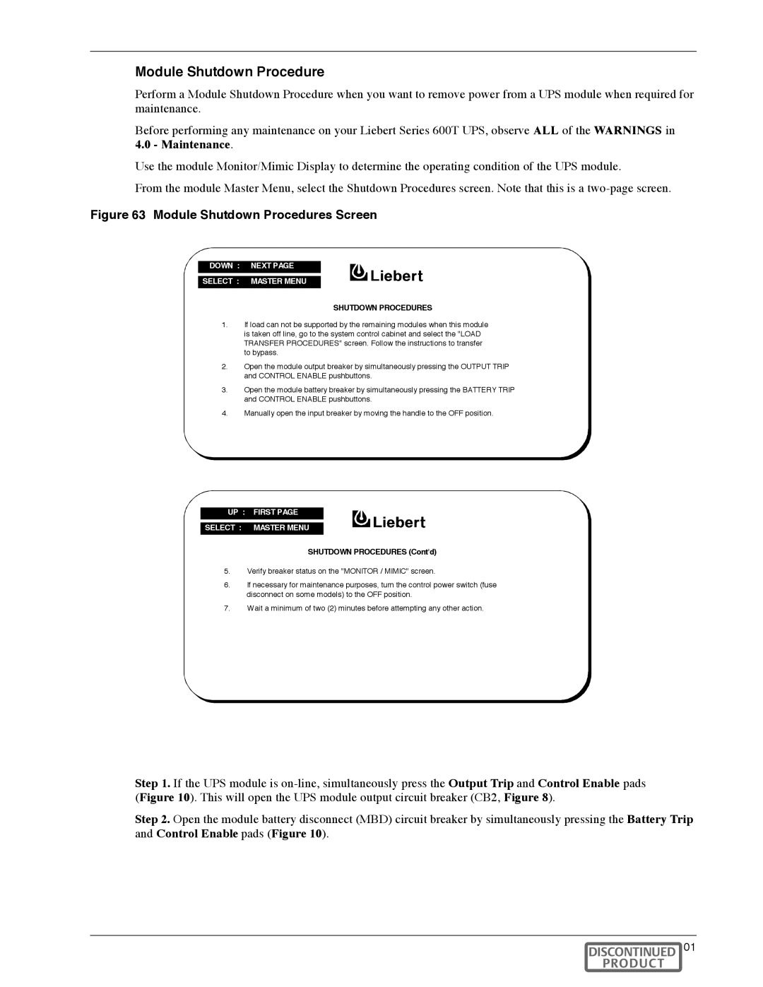 Liebert Series 600T manual Module Shutdown Procedures Screen 