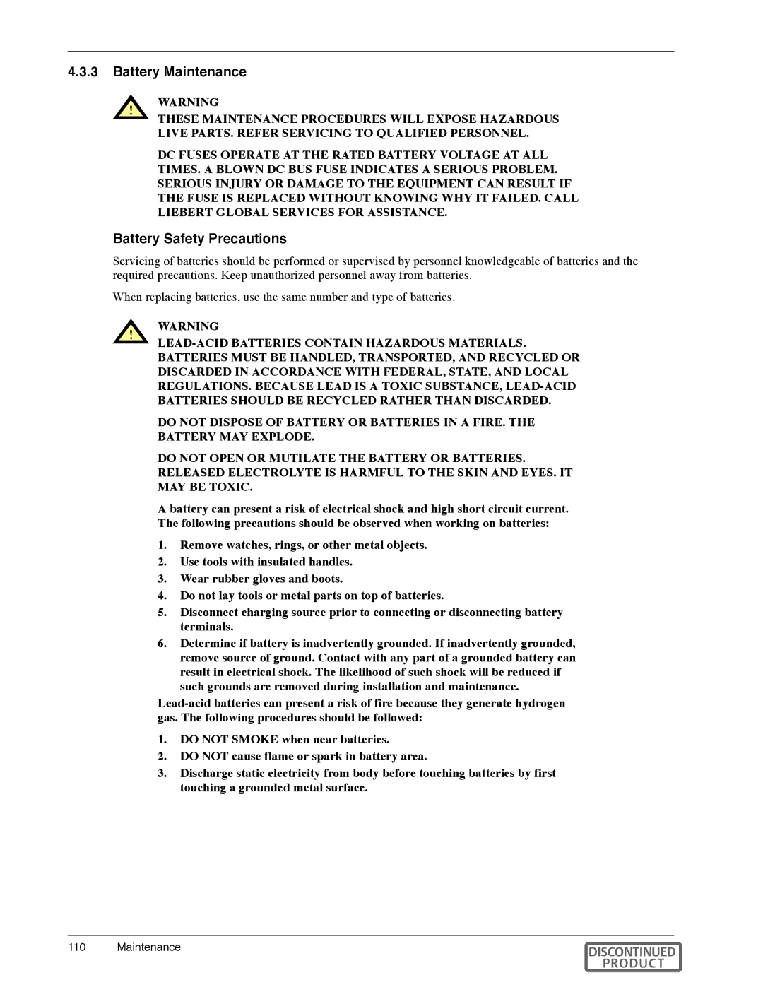 Liebert Series 600T manual Battery Maintenance, Battery Safety Precautions 