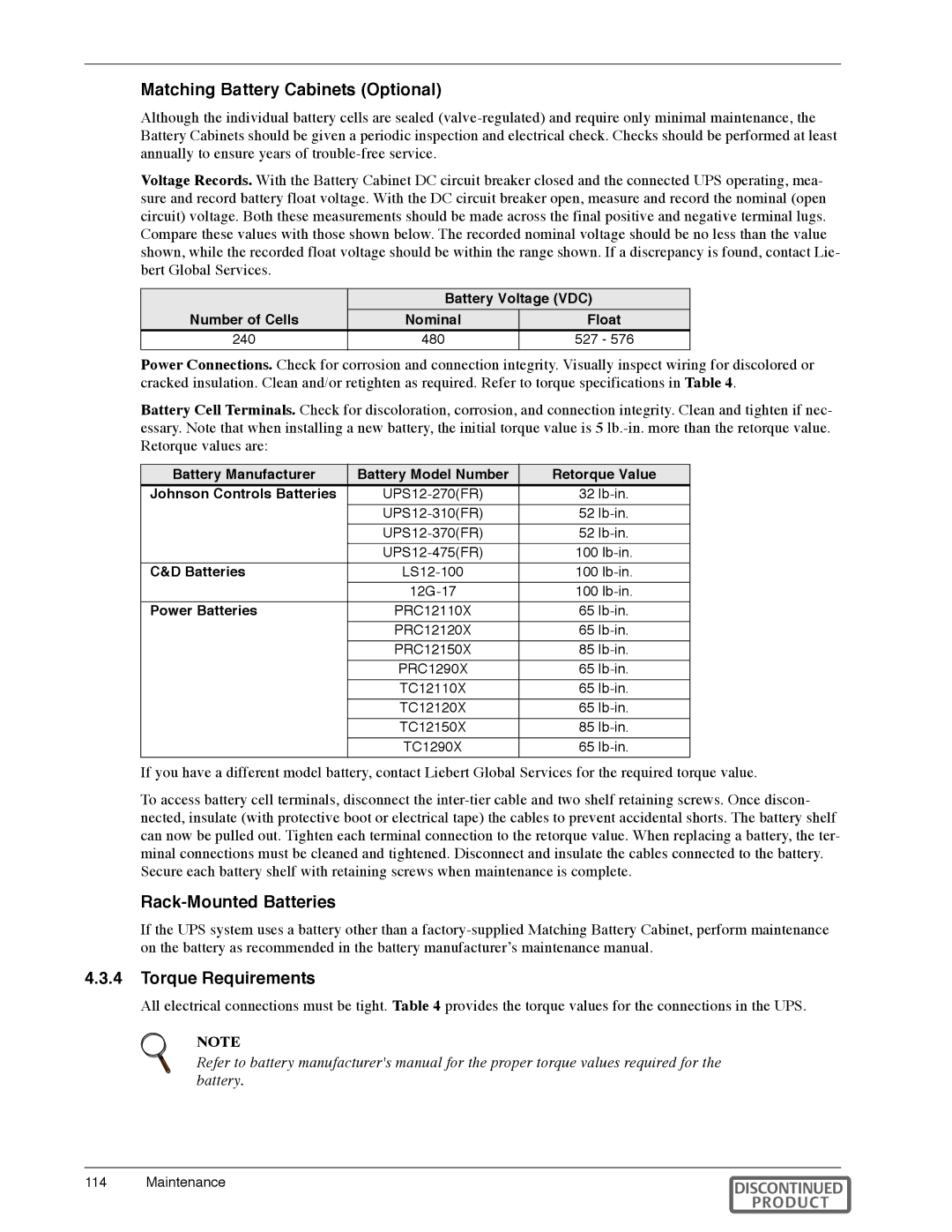 Liebert Series 600T manual Matching Battery Cabinets Optional, Rack-Mounted Batteries, Torque Requirements, Power Batteries 