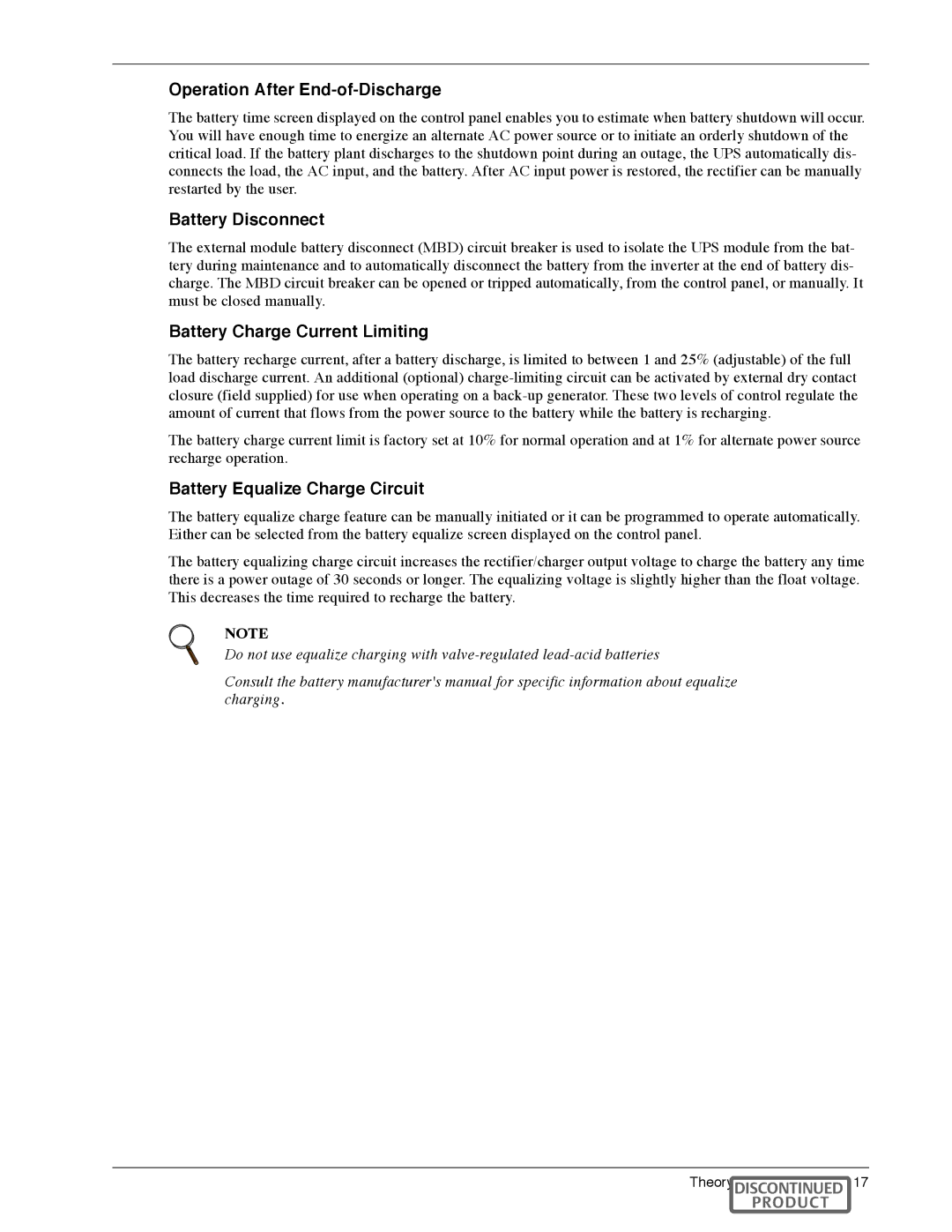 Liebert Series 600T manual Operation After End-of-Discharge, Battery Disconnect, Battery Charge Current Limiting 