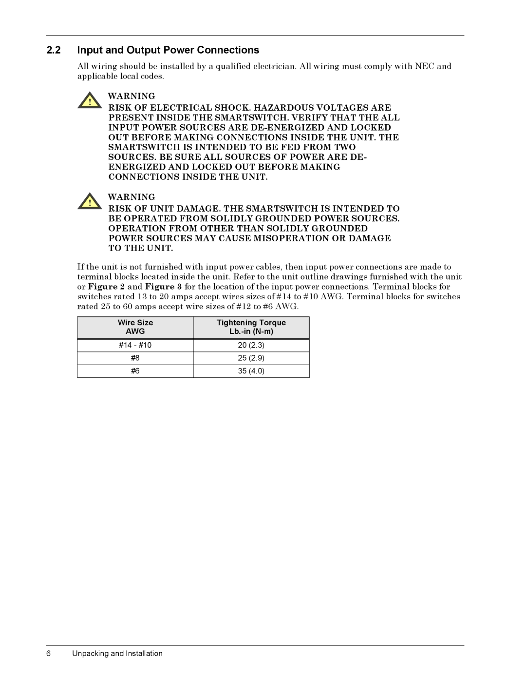 Liebert SmartSwitchTM operation manual Input and Output Power Connections, Wire Size Tightening Torque, Lb.-in N-m 